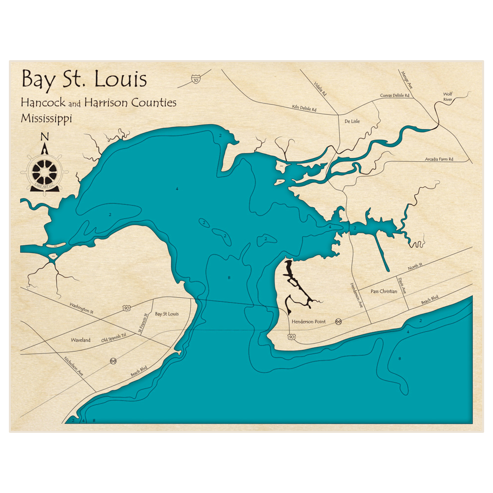 Bathymetric topo map of Bay St Louis with roads, towns and depths noted in blue water