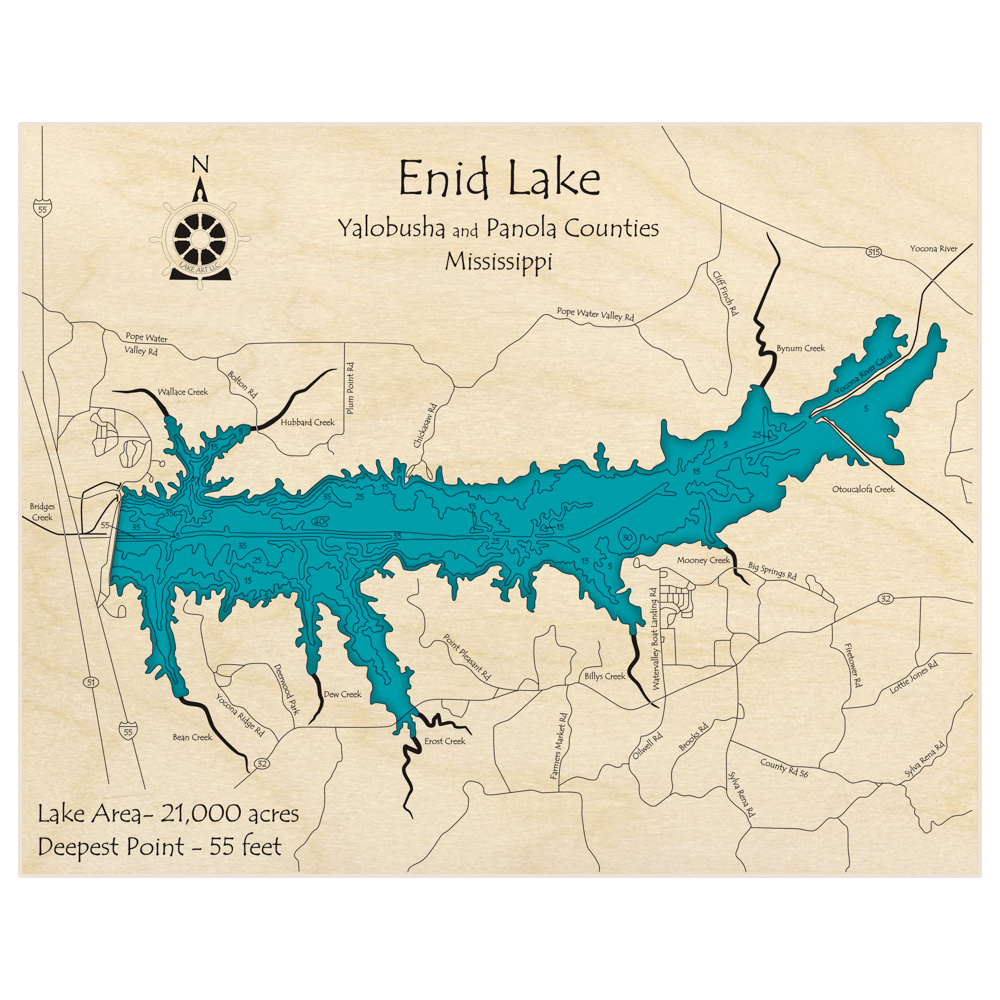 Bathymetric topo map of Enid Lake with roads, towns and depths noted in blue water