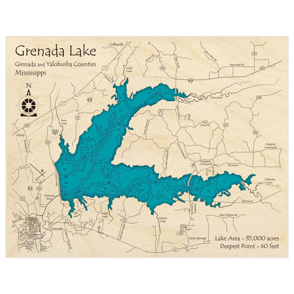 Bathymetric topo map of Grenada Lake with roads, towns and depths noted in blue water