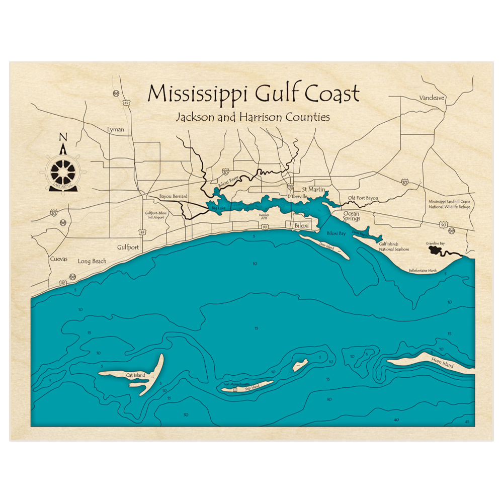 Bathymetric topo map of Mississippi Gulf Coast at Biloxi with roads, towns and depths noted in blue water