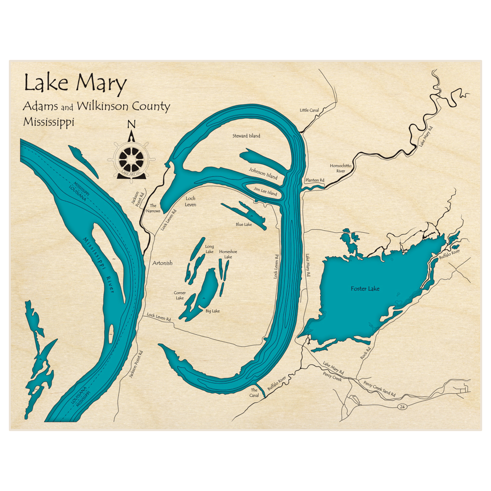 Bathymetric topo map of Lake Mary  with roads, towns and depths noted in blue water
