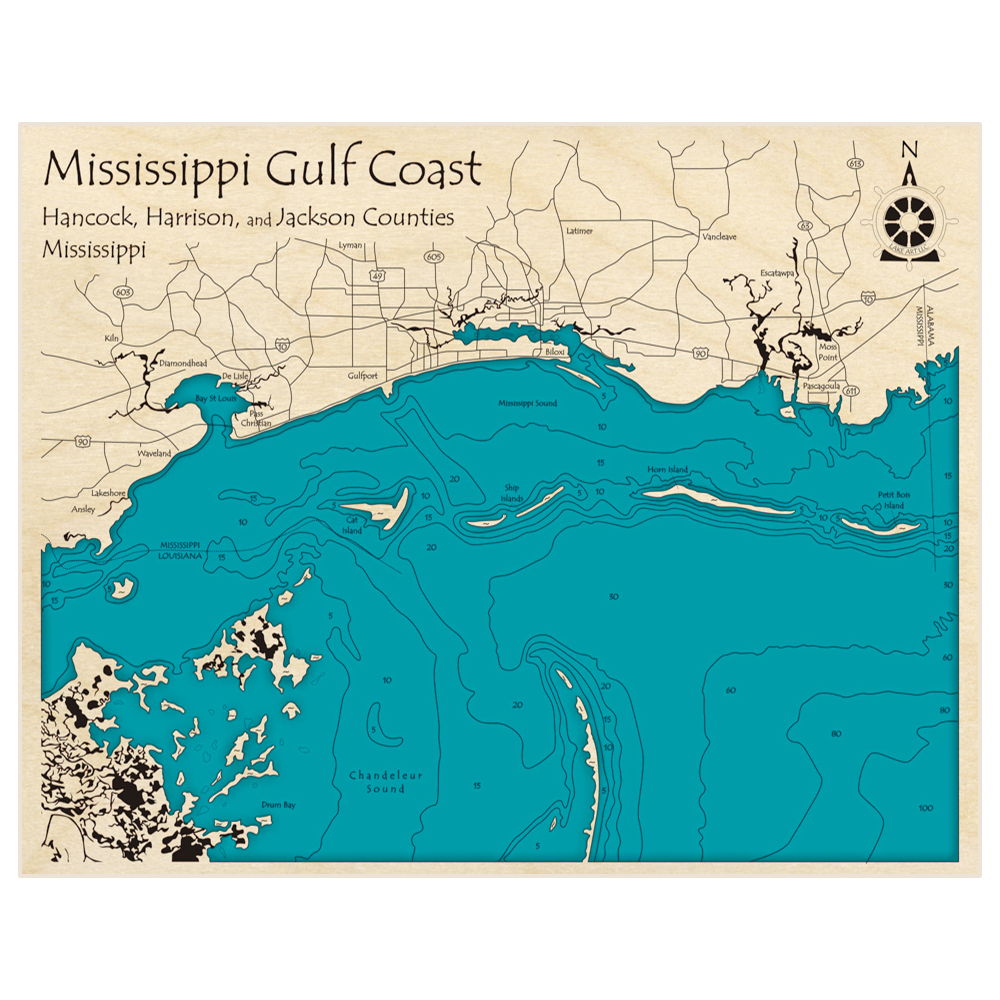 Bathymetric topo map of MS Gulf Coast (LA Border to Alabama Border) with roads, towns and depths noted in blue water