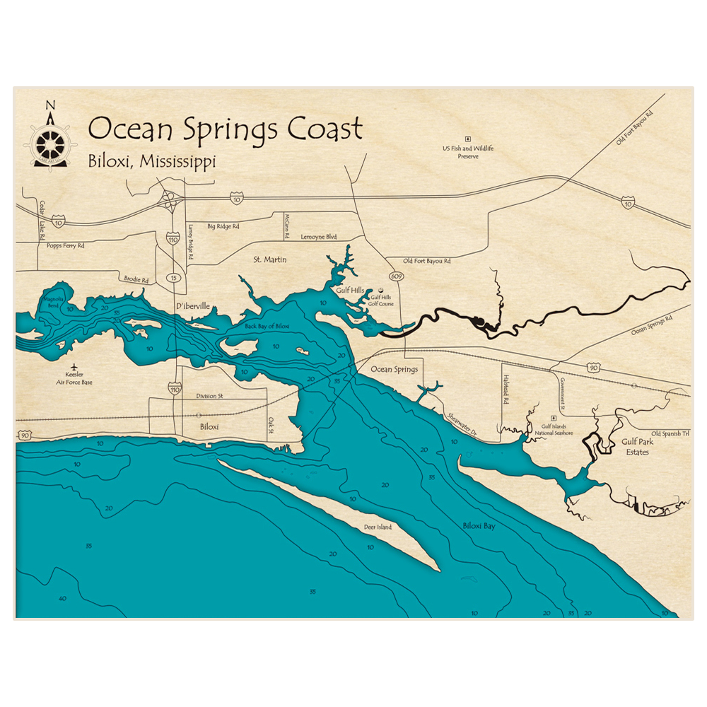 Bathymetric topo map of Ocean Springs Coast with roads, towns and depths noted in blue water
