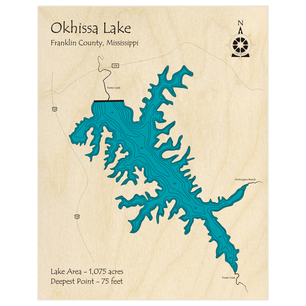 Bathymetric topo map of Okhissa Lake with roads, towns and depths noted in blue water