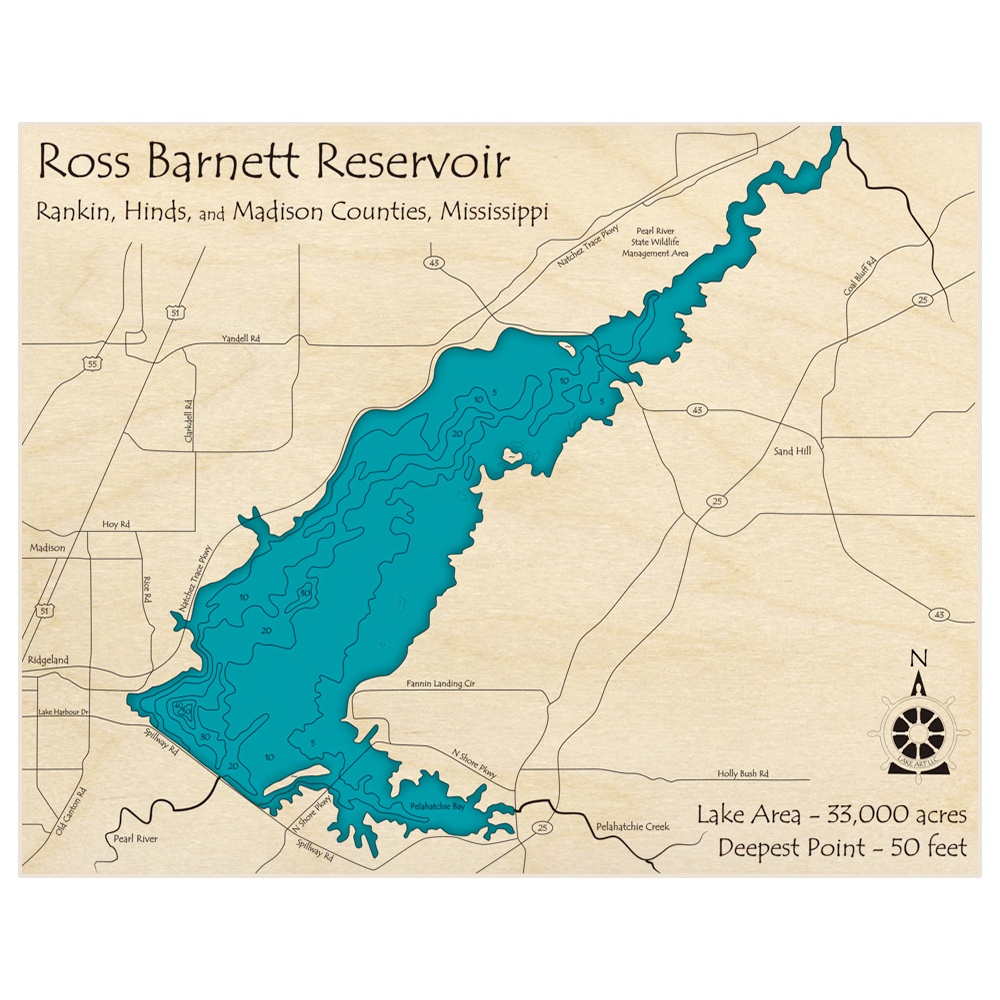 Bathymetric topo map of Ross Barnett Reservoir with roads, towns and depths noted in blue water