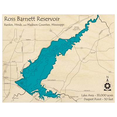 Bathymetric topo map of Ross Barnett Reservoir with roads, towns and depths noted in blue water