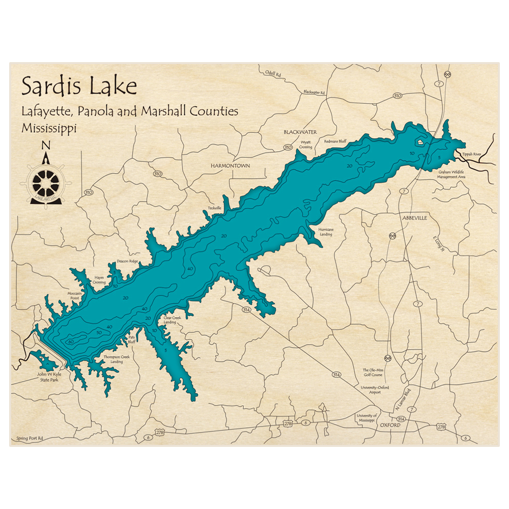 Bathymetric topo map of Sardis Lake with roads, towns and depths noted in blue water