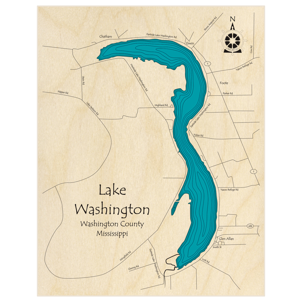 Bathymetric topo map of Lake Washington  with roads, towns and depths noted in blue water