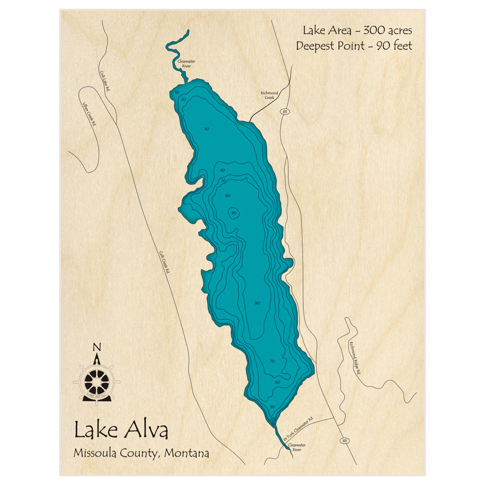 Bathymetric topo map of Lake Alva with roads, towns and depths noted in blue water