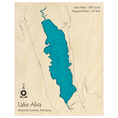 Bathymetric topo map of Lake Alva with roads, towns and depths noted in blue water