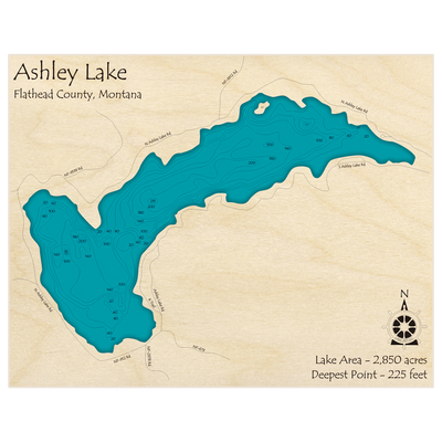 Bathymetric topo map of Ashley Lake with roads, towns and depths noted in blue water