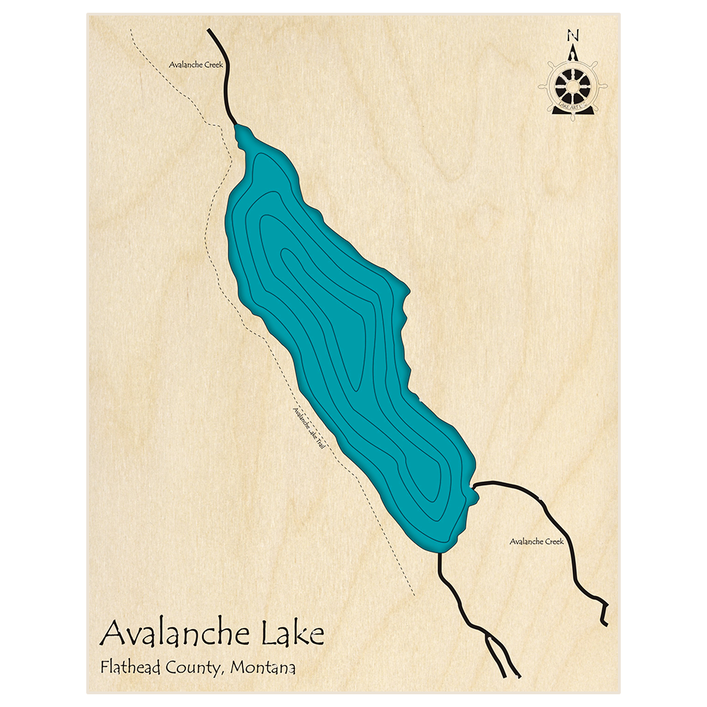 Bathymetric topo map of Avalanche Lake with roads, towns and depths noted in blue water