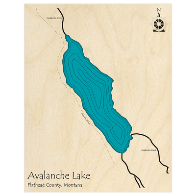 Bathymetric topo map of Avalanche Lake with roads, towns and depths noted in blue water