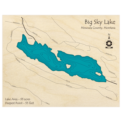 Bathymetric topo map of Big Sky Lake with roads, towns and depths noted in blue water