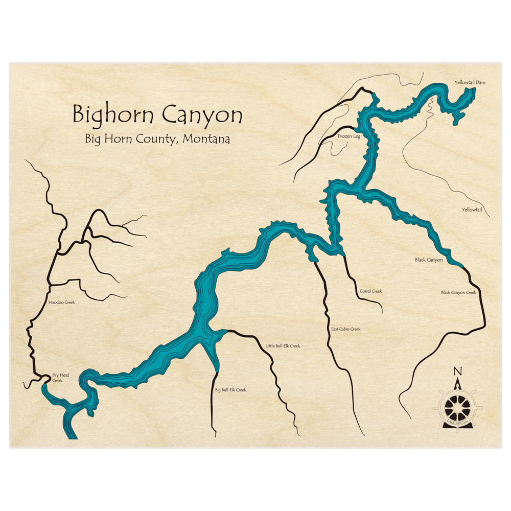 Bathymetric topo map of Bighorn Canyon * (Dry Head Creek to Yellowtail Dam) with roads, towns and depths noted in blue water