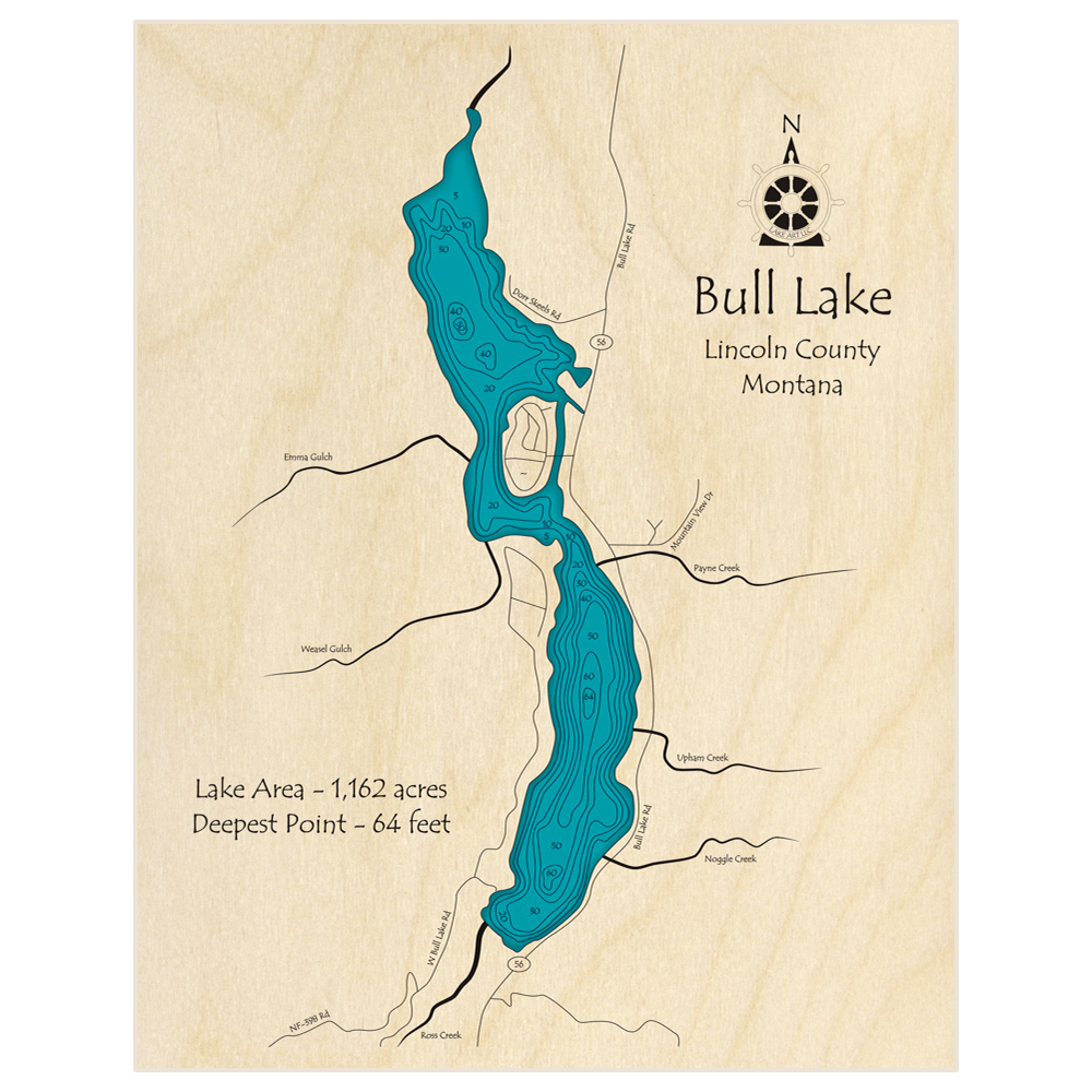 Bathymetric topo map of Bull Lake with roads, towns and depths noted in blue water