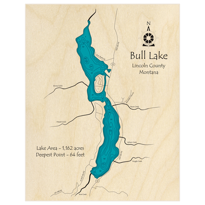 Bathymetric topo map of Bull Lake with roads, towns and depths noted in blue water