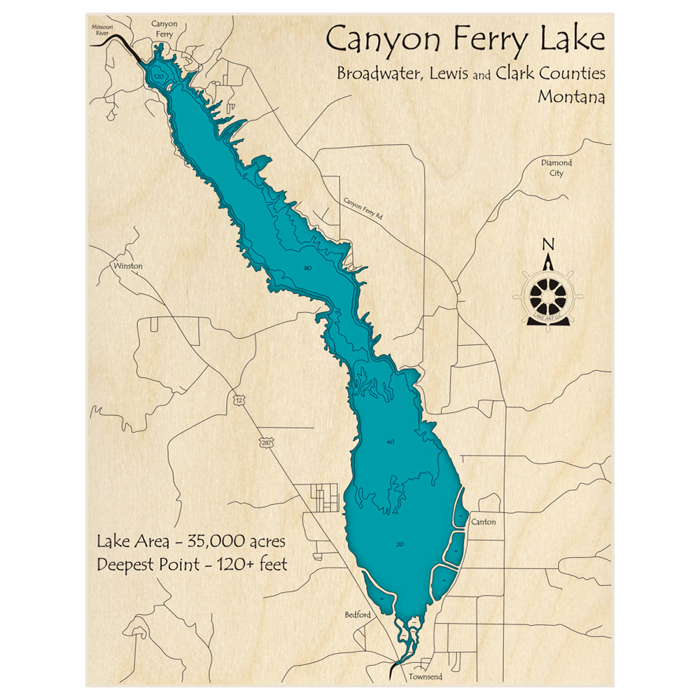 Bathymetric topo map of Canyon Ferry Lake with roads, towns and depths noted in blue water