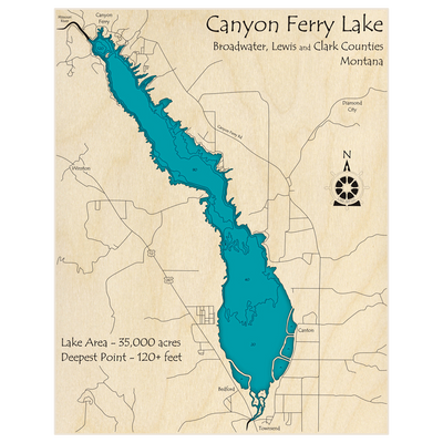 Bathymetric topo map of Canyon Ferry Lake with roads, towns and depths noted in blue water