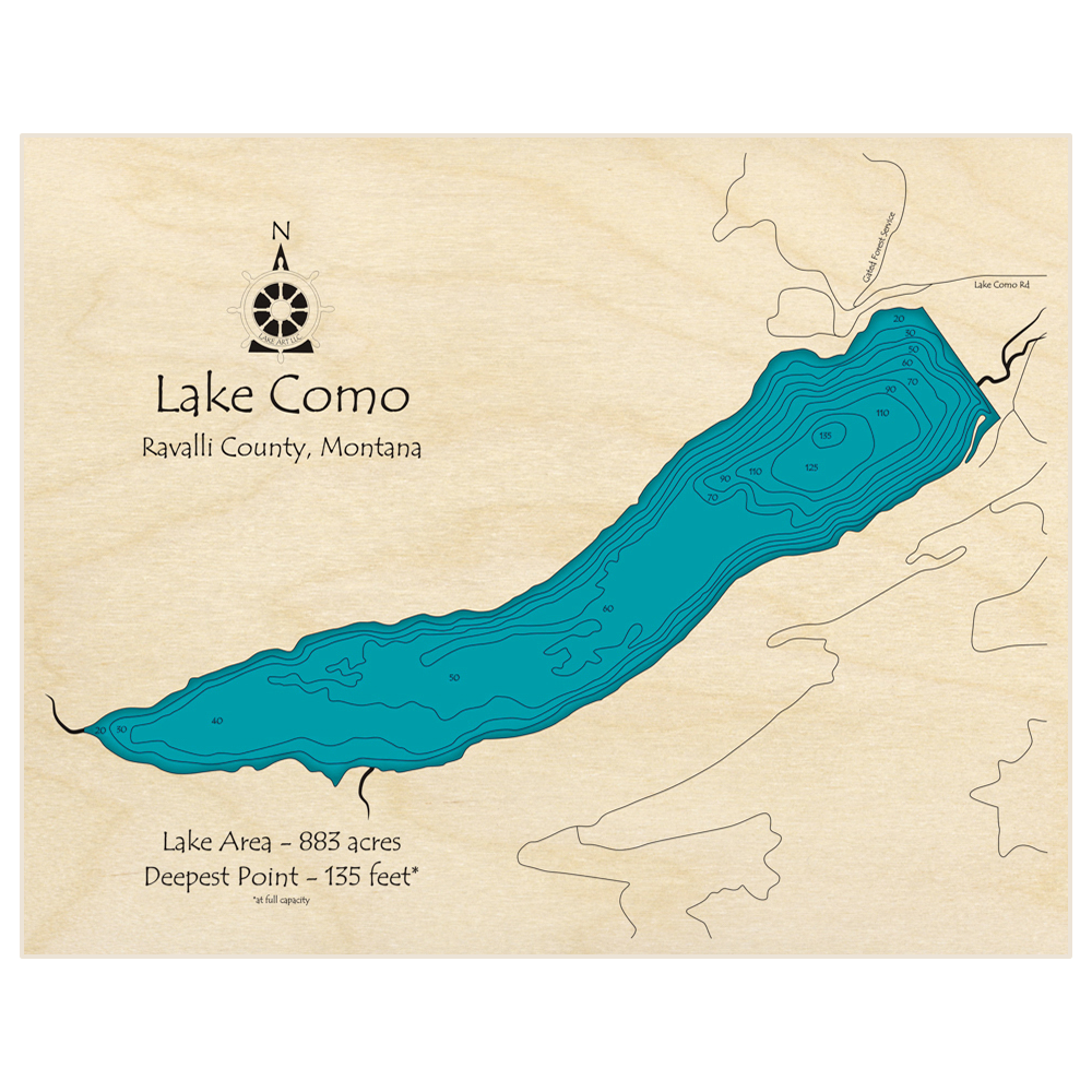 Bathymetric topo map of Lake Como with roads, towns and depths noted in blue water