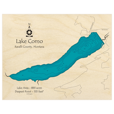 Bathymetric topo map of Lake Como with roads, towns and depths noted in blue water