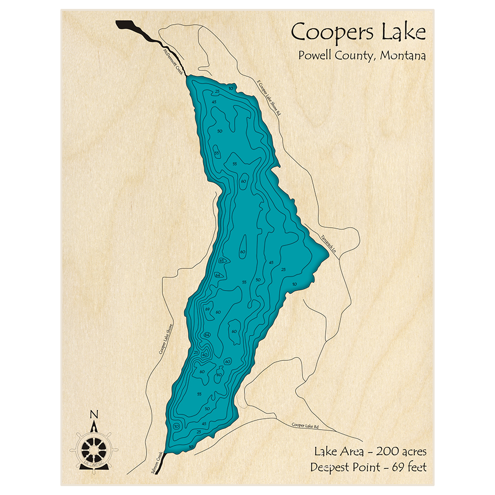 Bathymetric topo map of Coopers Lake with roads, towns and depths noted in blue water