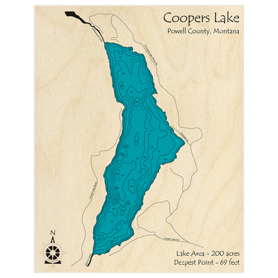 Bathymetric topo map of Coopers Lake with roads, towns and depths noted in blue water