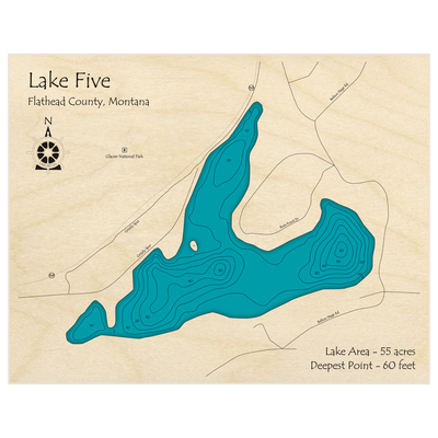 Bathymetric topo map of Lake Five with roads, towns and depths noted in blue water