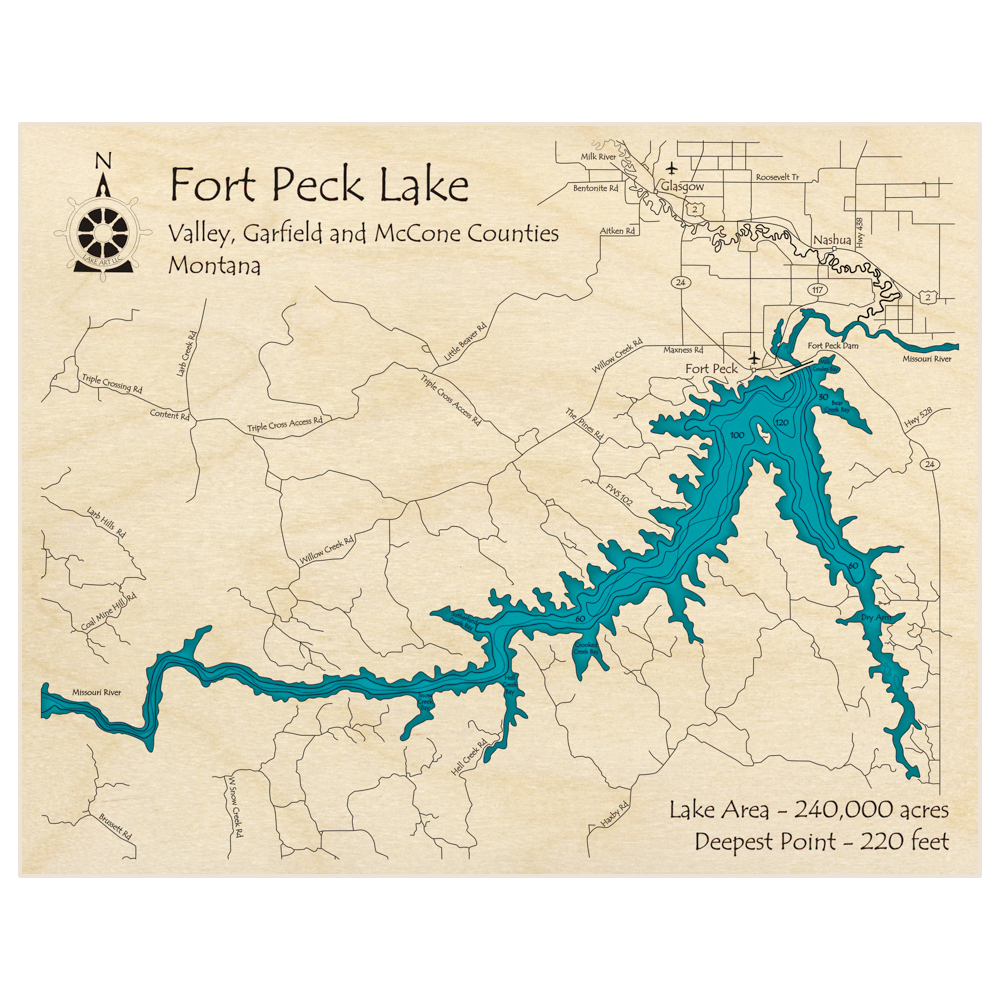 Bathymetric topo map of Fort Peck Lake (zoomed in slightly) with roads, towns and depths noted in blue water