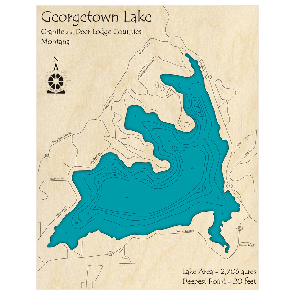 Bathymetric topo map of Georgetown Lake with roads, towns and depths noted in blue water