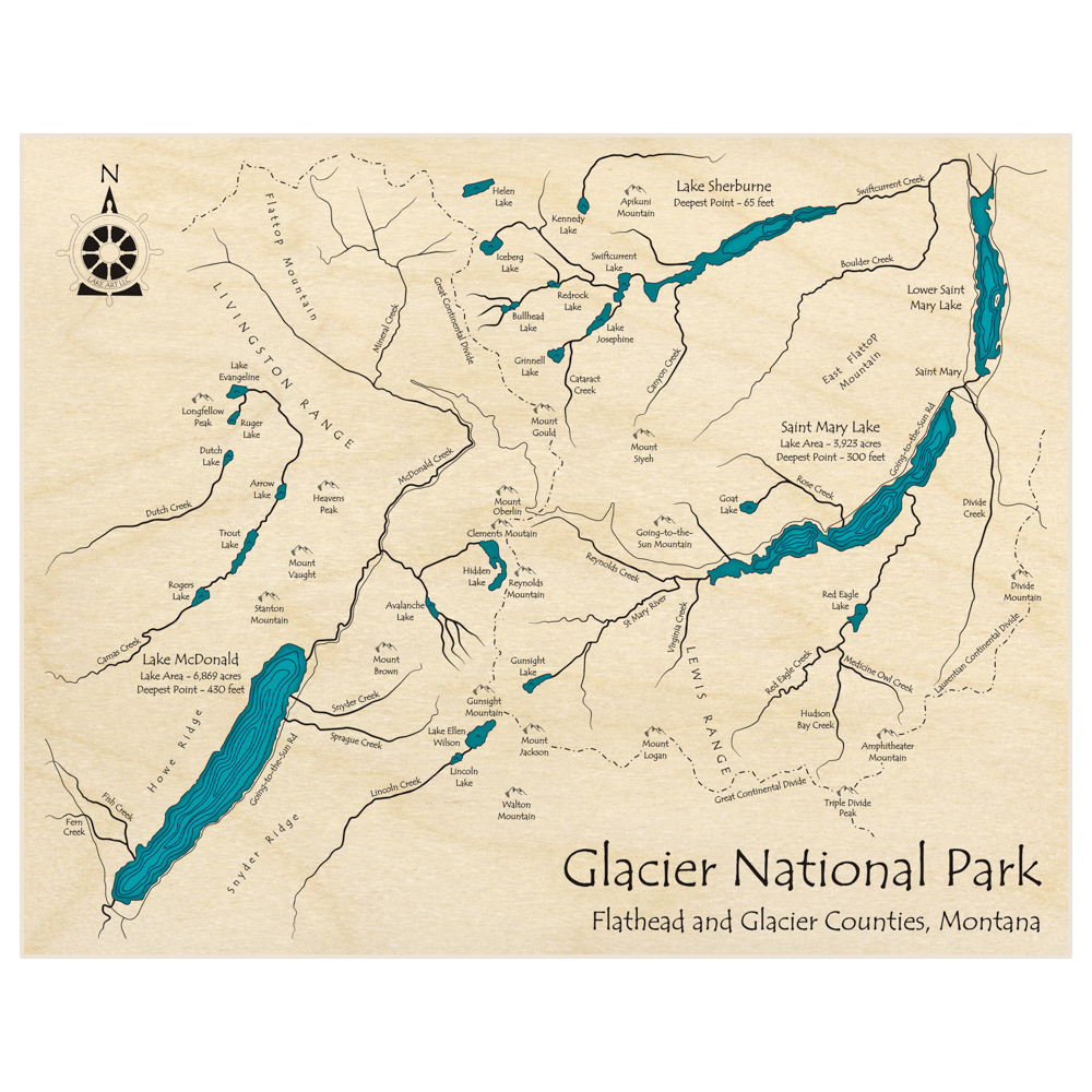 Bathymetric topo map of Glacier National Park (Lake McDonald Saint Mary Sherburne) with roads, towns and depths noted in blue water
