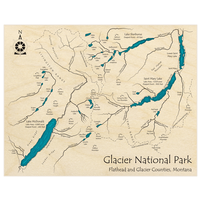 Bathymetric topo map of Glacier National Park (Lake McDonald Saint Mary Sherburne) with roads, towns and depths noted in blue water