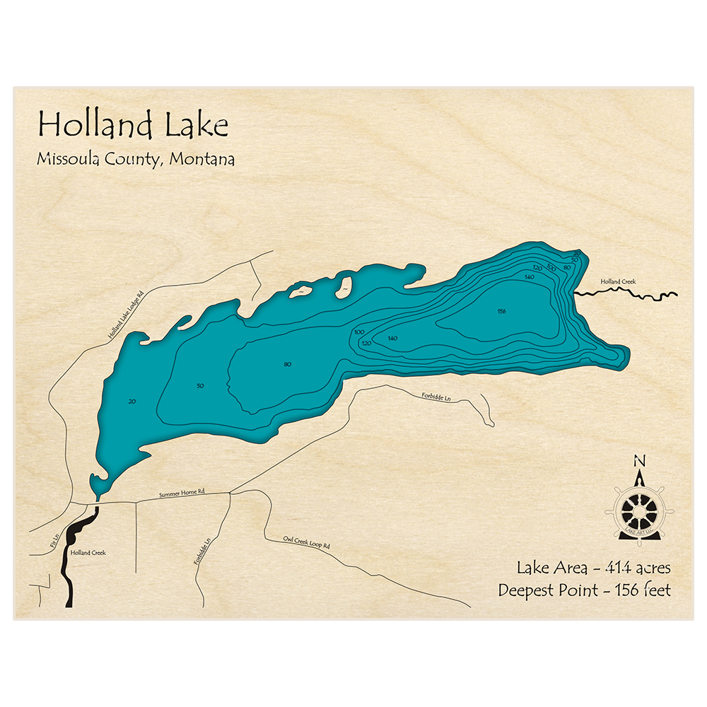 Bathymetric topo map of Holland Lake with roads, towns and depths noted in blue water