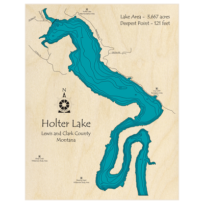 Bathymetric topo map of Holter Lake (northern area) with roads, towns and depths noted in blue water