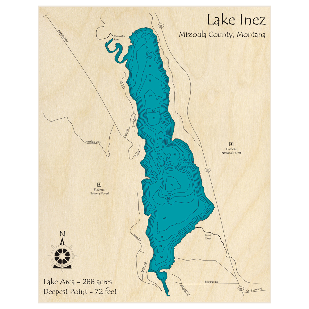 Bathymetric topo map of Lake Inez with roads, towns and depths noted in blue water