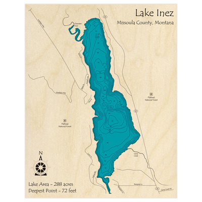 Bathymetric topo map of Lake Inez with roads, towns and depths noted in blue water