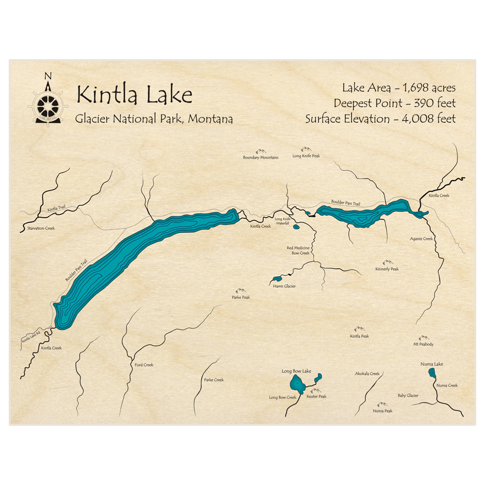 Bathymetric topo map of Kintla Lake with Upper Kintla  with roads, towns and depths noted in blue water