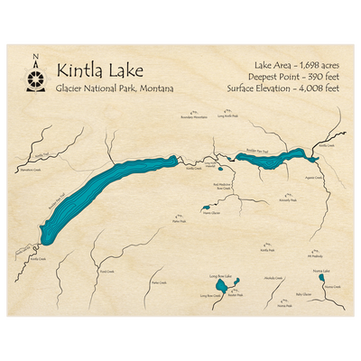 Bathymetric topo map of Kintla Lake with Upper Kintla  with roads, towns and depths noted in blue water