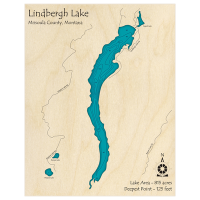 Bathymetric topo map of Lindbergh Lake with roads, towns and depths noted in blue water