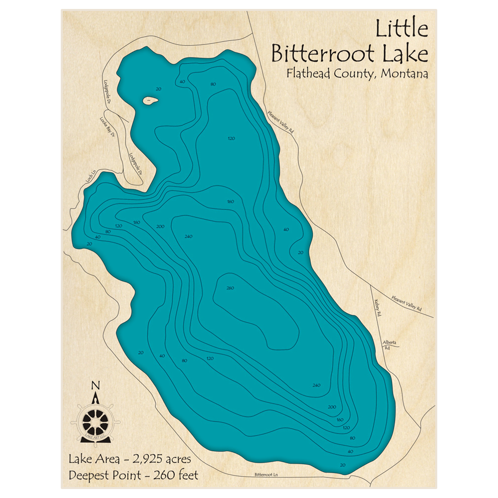 Bathymetric topo map of Little Bitterroot Lake with roads, towns and depths noted in blue water