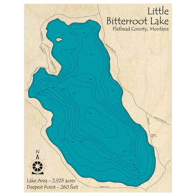 Bathymetric topo map of Little Bitterroot Lake with roads, towns and depths noted in blue water