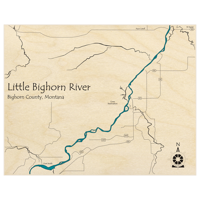 Bathymetric topo map of Little Bighorn River (NOT A 3D MAP)  with roads, towns and depths noted in blue water