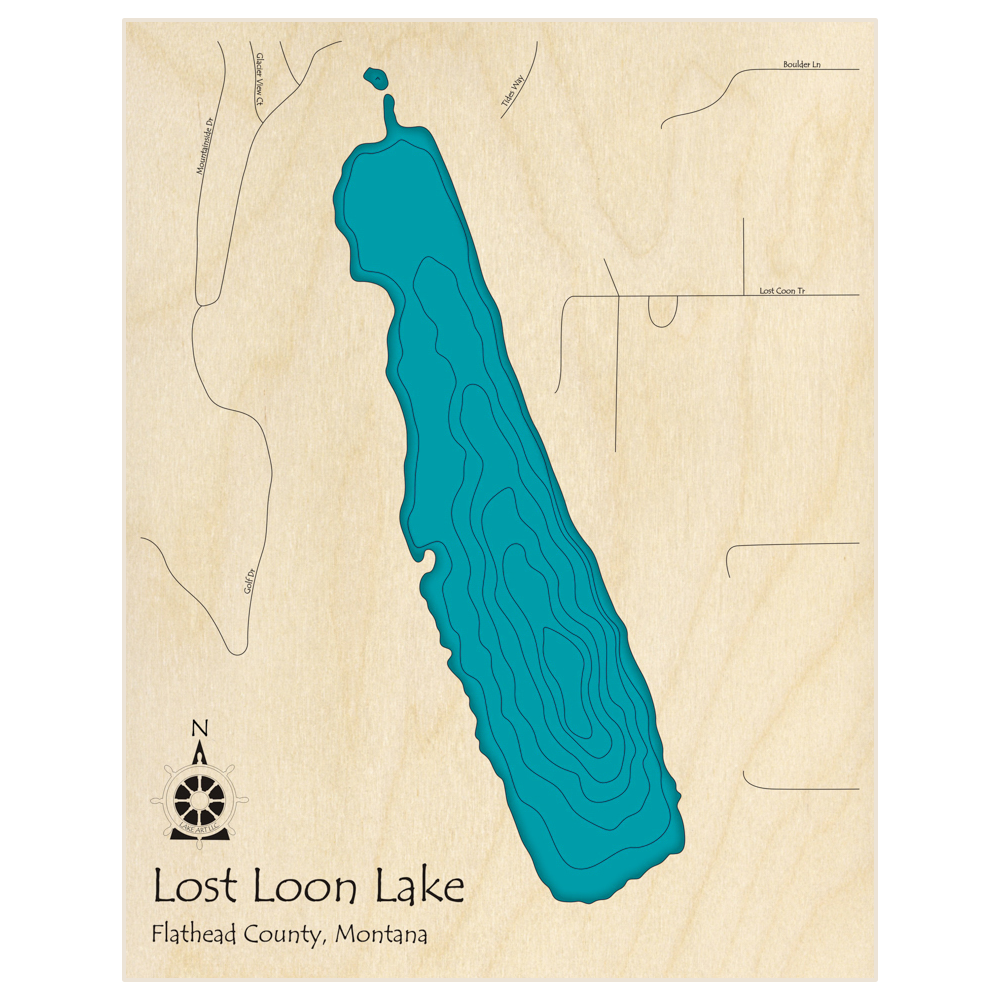 Bathymetric topo map of Lost Loon Lake  with roads, towns and depths noted in blue water