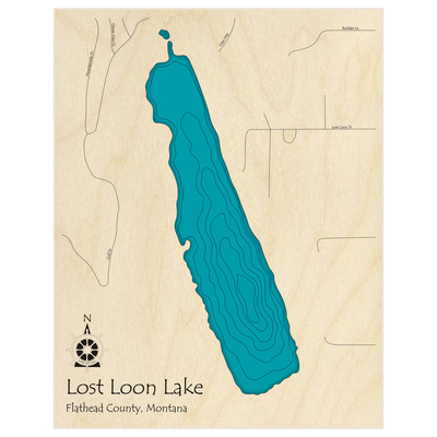 Bathymetric topo map of Lost Loon Lake  with roads, towns and depths noted in blue water