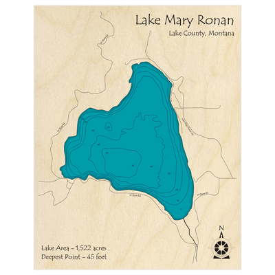Bathymetric topo map of Lake Mary Ronan with roads, towns and depths noted in blue water