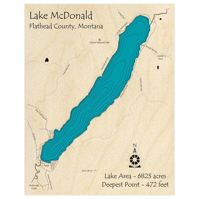 Bathymetric topo map of Lake McDonald  with roads, towns and depths noted in blue water