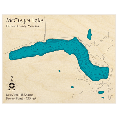 Bathymetric topo map of McGregor Lake with roads, towns and depths noted in blue water