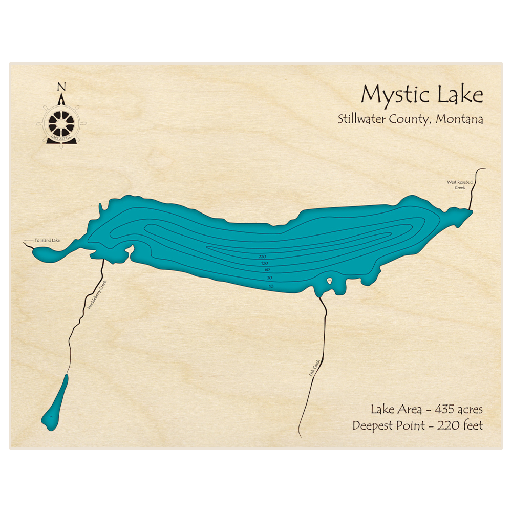 Bathymetric topo map of Mystic Lake with roads, towns and depths noted in blue water
