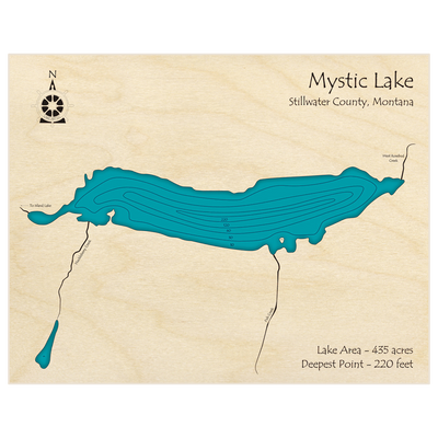 Bathymetric topo map of Mystic Lake with roads, towns and depths noted in blue water