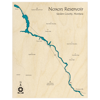 Bathymetric topo map of Noxon Reservoir  with roads, towns and depths noted in blue water